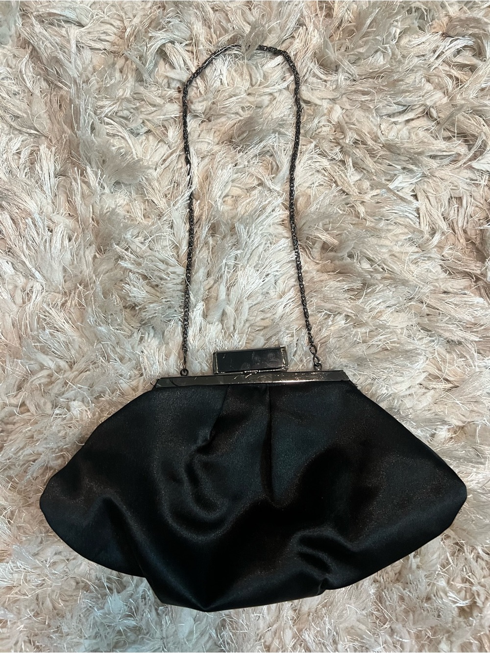 Jessica McClintock Black Satin Evening Clutch with Gunmetal Chain Strap